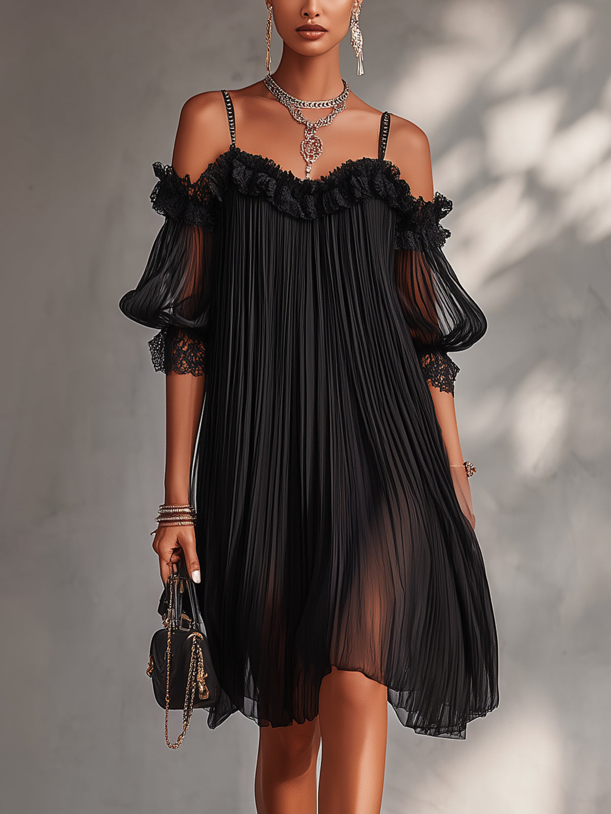Vittoria | Black mini dress in chiffon with off-the-shoulder design and lace trim