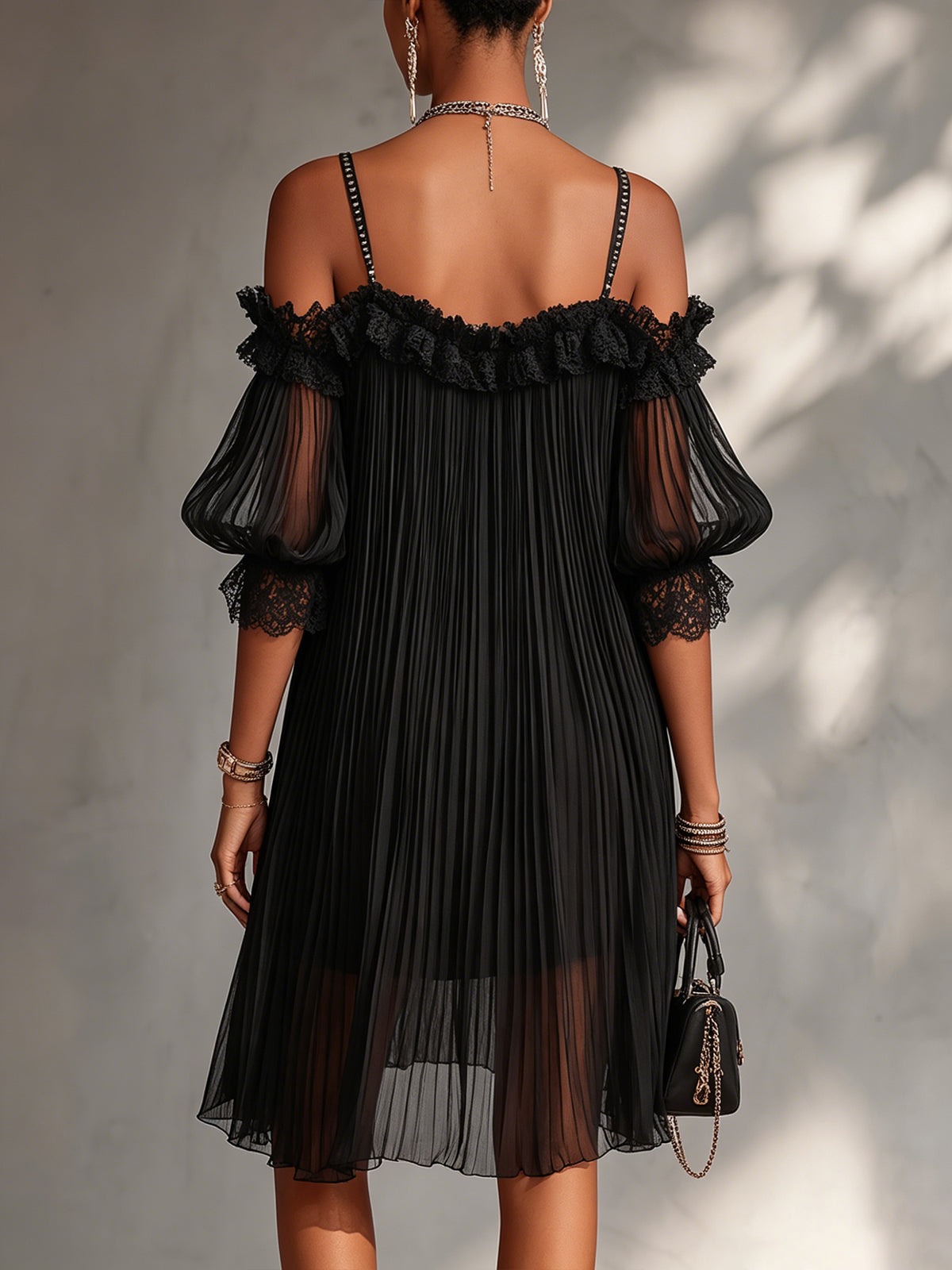 Vittoria | Black mini dress in chiffon with off-the-shoulder design and lace trim