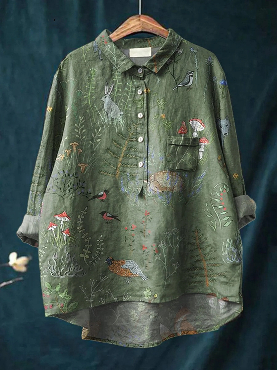 Emily | Woodland And Animals Repeat Pattern Printed Women's Casual Shirt