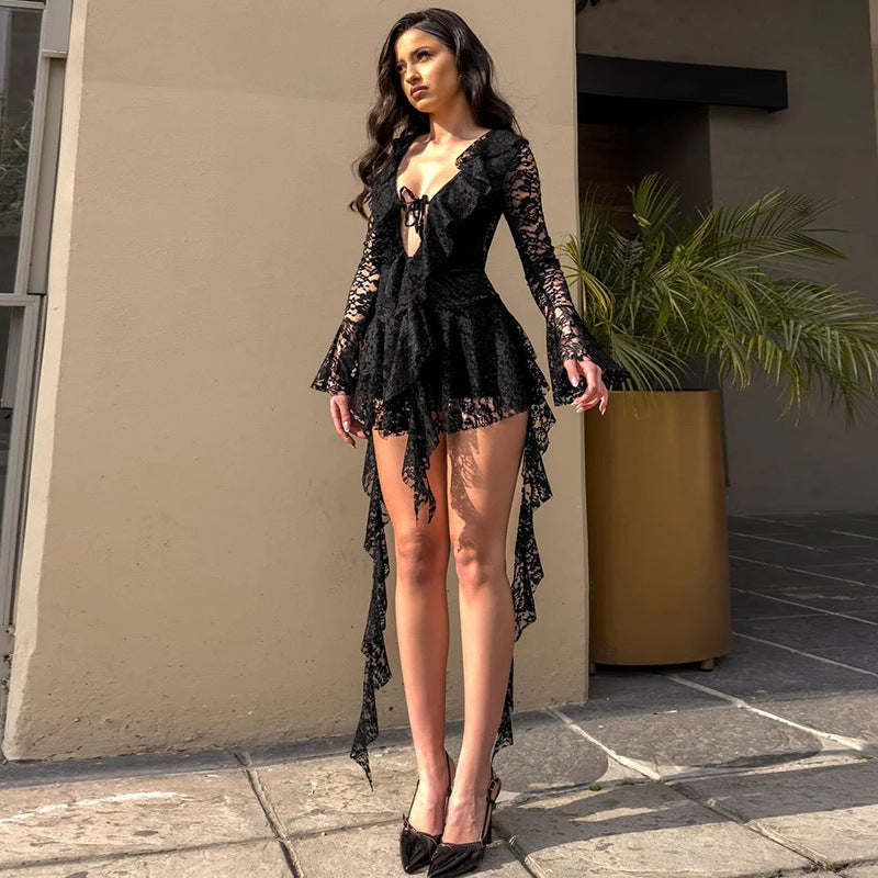 LUMIÈRE™ - Lace Ruffle Long Sleeve Mini Dress