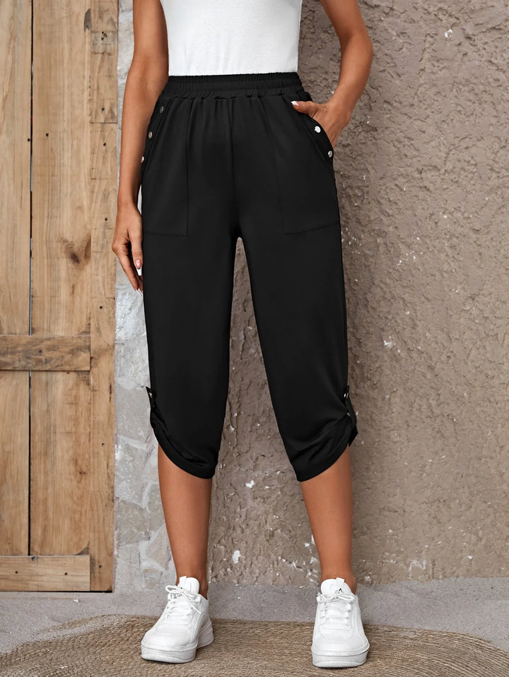 Women’s Solid Button Detail Roll Up Hem Capri Trousers Casual Pants