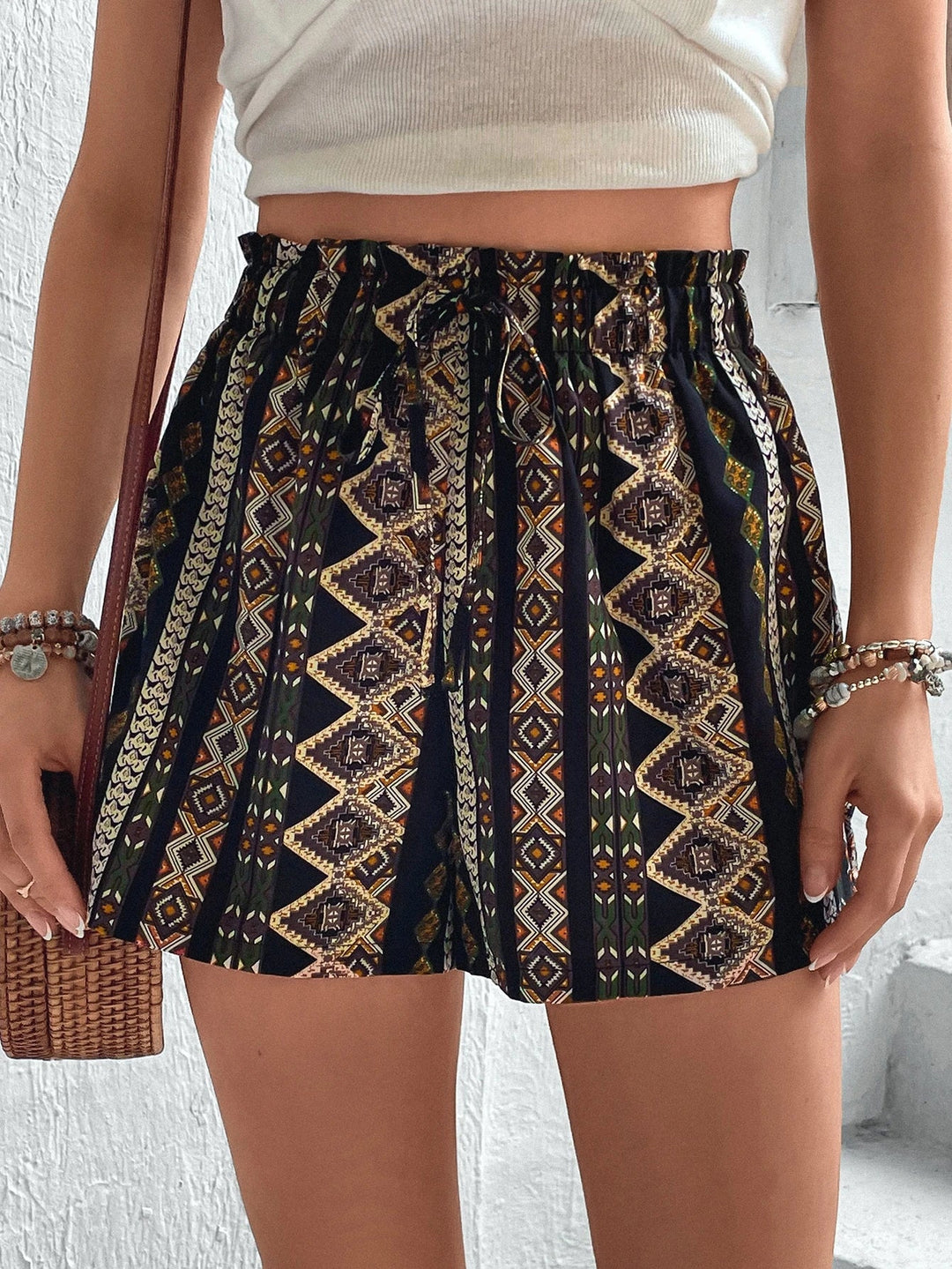 Women’s Geo Print Paperbag Waist Knot Front Casual Summer Shorts