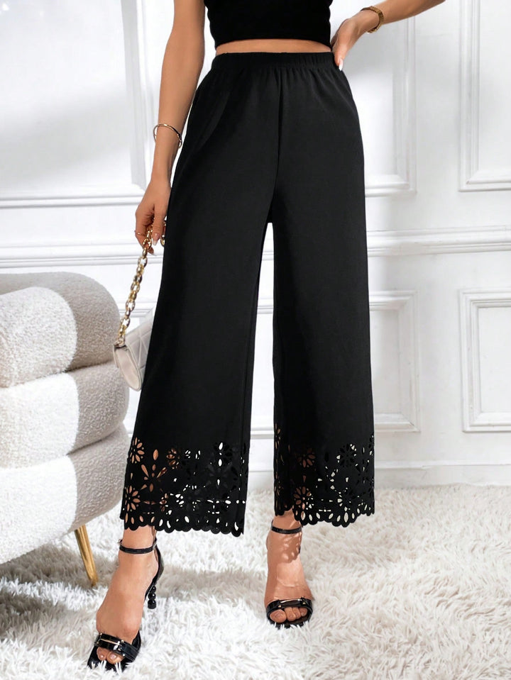 Women's Solid Color Elastic Waist Laser Cut Wide Leg Pants