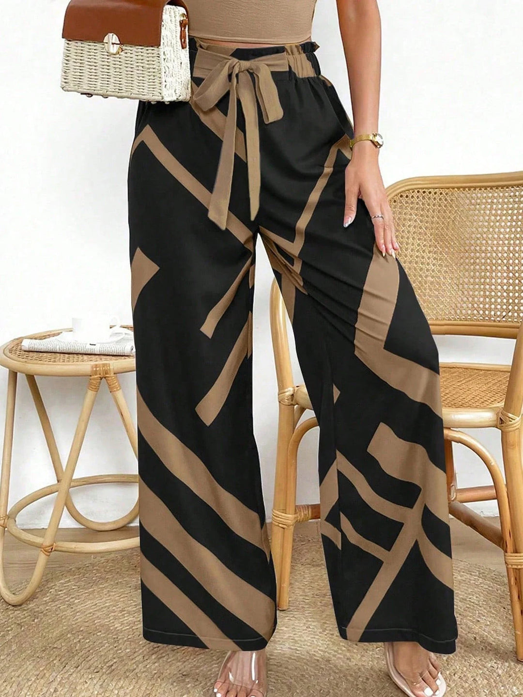 Women’s Geo Print Belted Wide Leg Pants – Fall Casual Fit