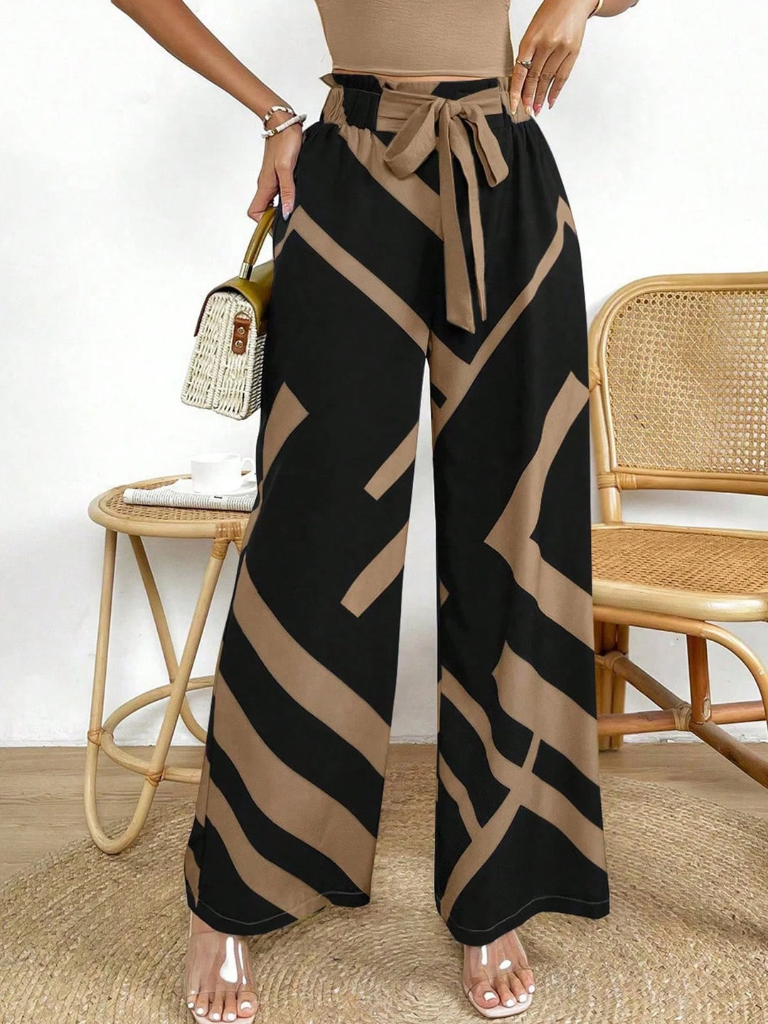 Women’s Geo Print Belted Wide Leg Pants – Fall Casual Fit