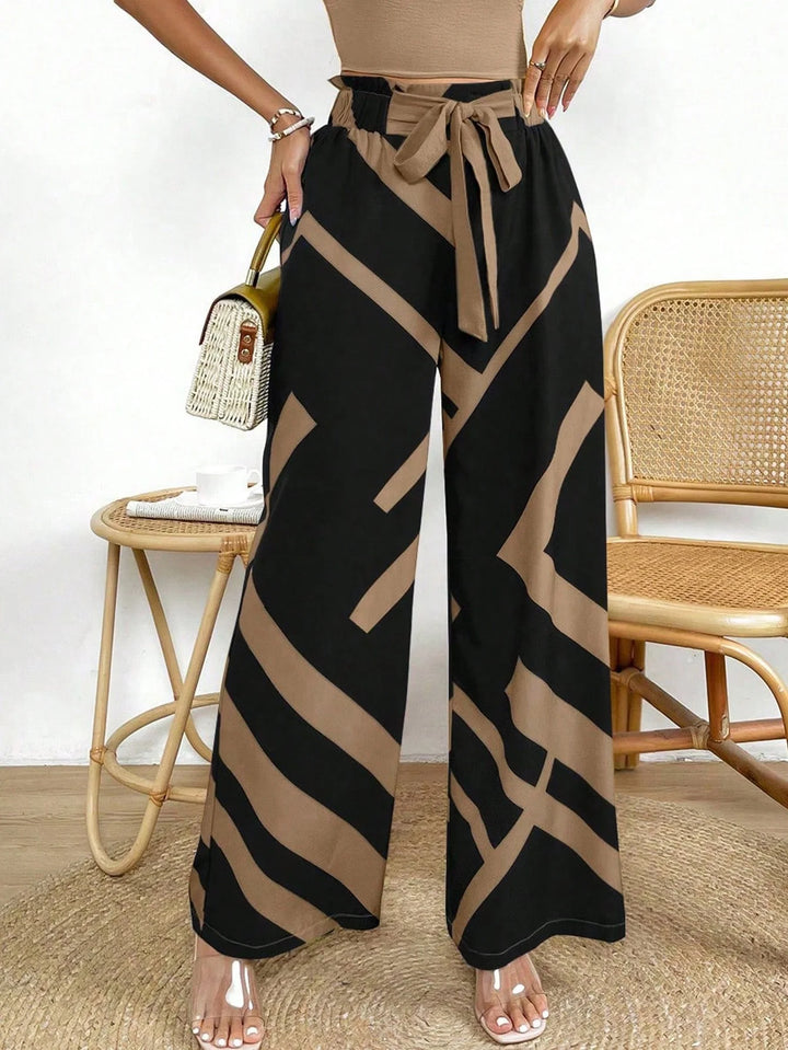 Women’s Geo Print Belted Wide Leg Pants – Fall Casual Fit