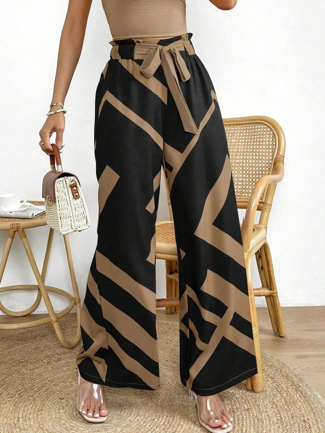 Women’s Geo Print Belted Wide Leg Pants – Fall Casual Fit