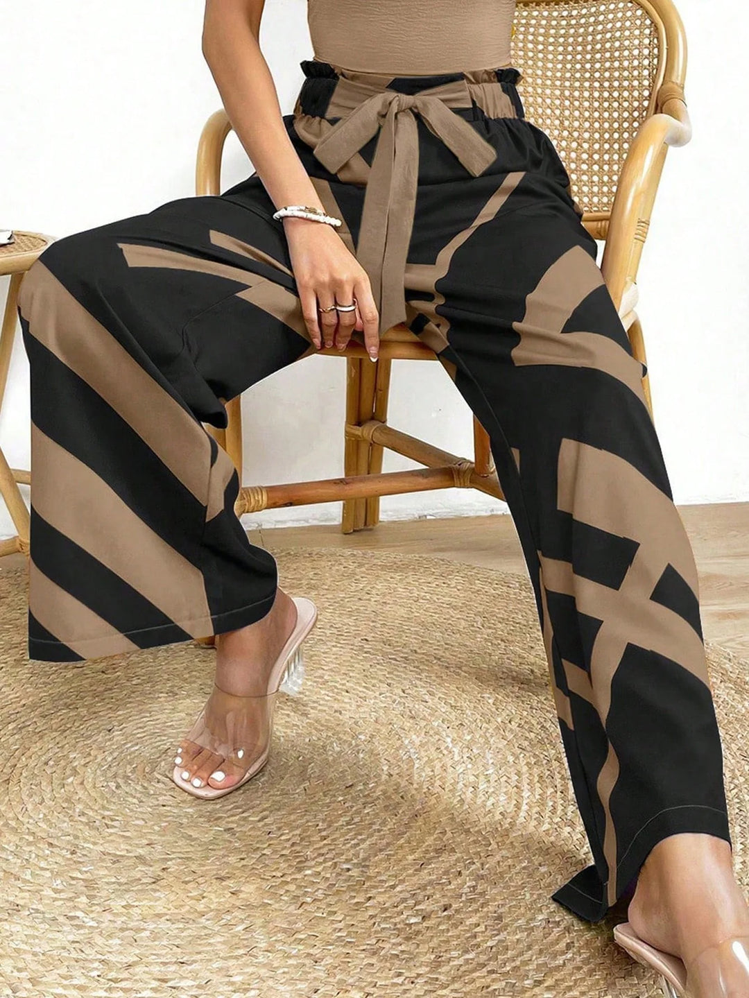 Women’s Geo Print Belted Wide Leg Pants – Fall Casual Fit