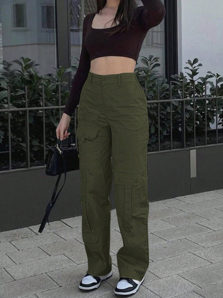 Women’s Cargo Pocket Pants – Casual Button Zipper Spring Fall