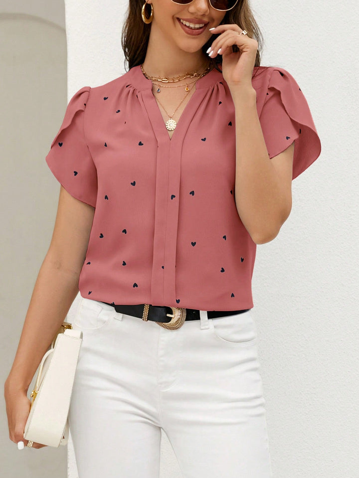 Women’s Classic Short Sleeve Embroidered Notched Neck Printed Casual Top