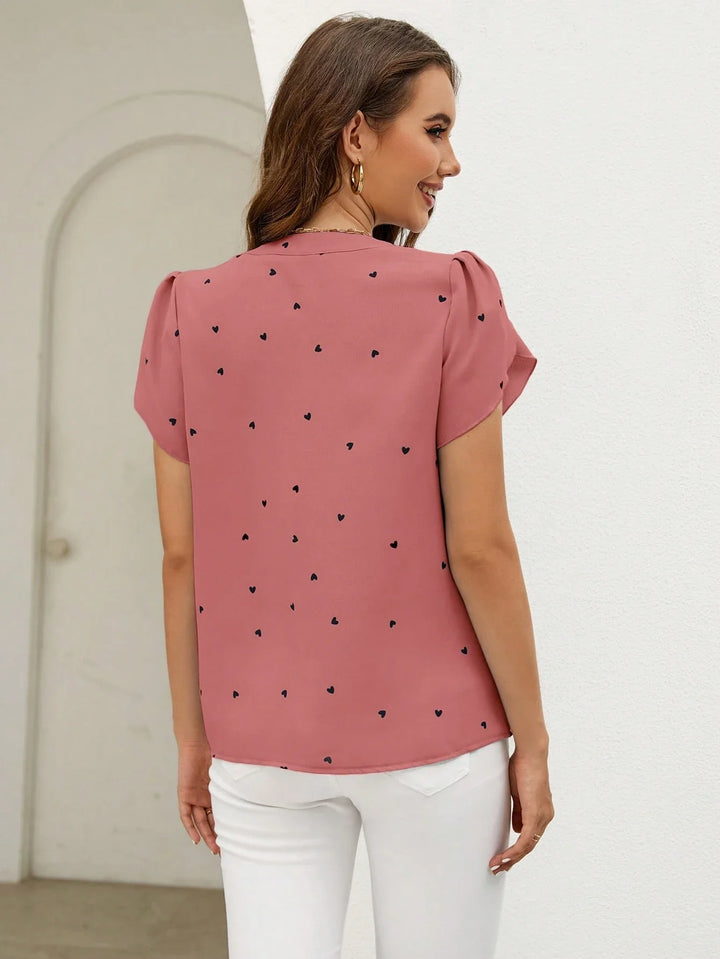 Women’s Classic Short Sleeve Embroidered Notched Neck Printed Casual Top