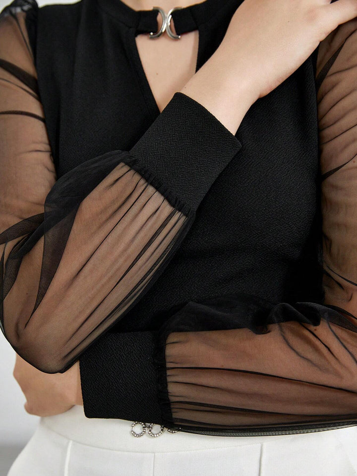 Women’s Mesh Patchwork Solid Color Blouse – Urban Commute Top