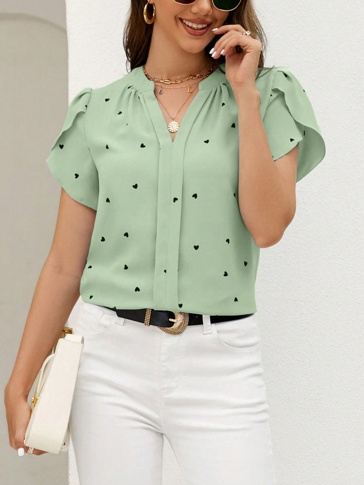 Women’s Classic Short Sleeve Embroidered Notched Neck Printed Casual Top