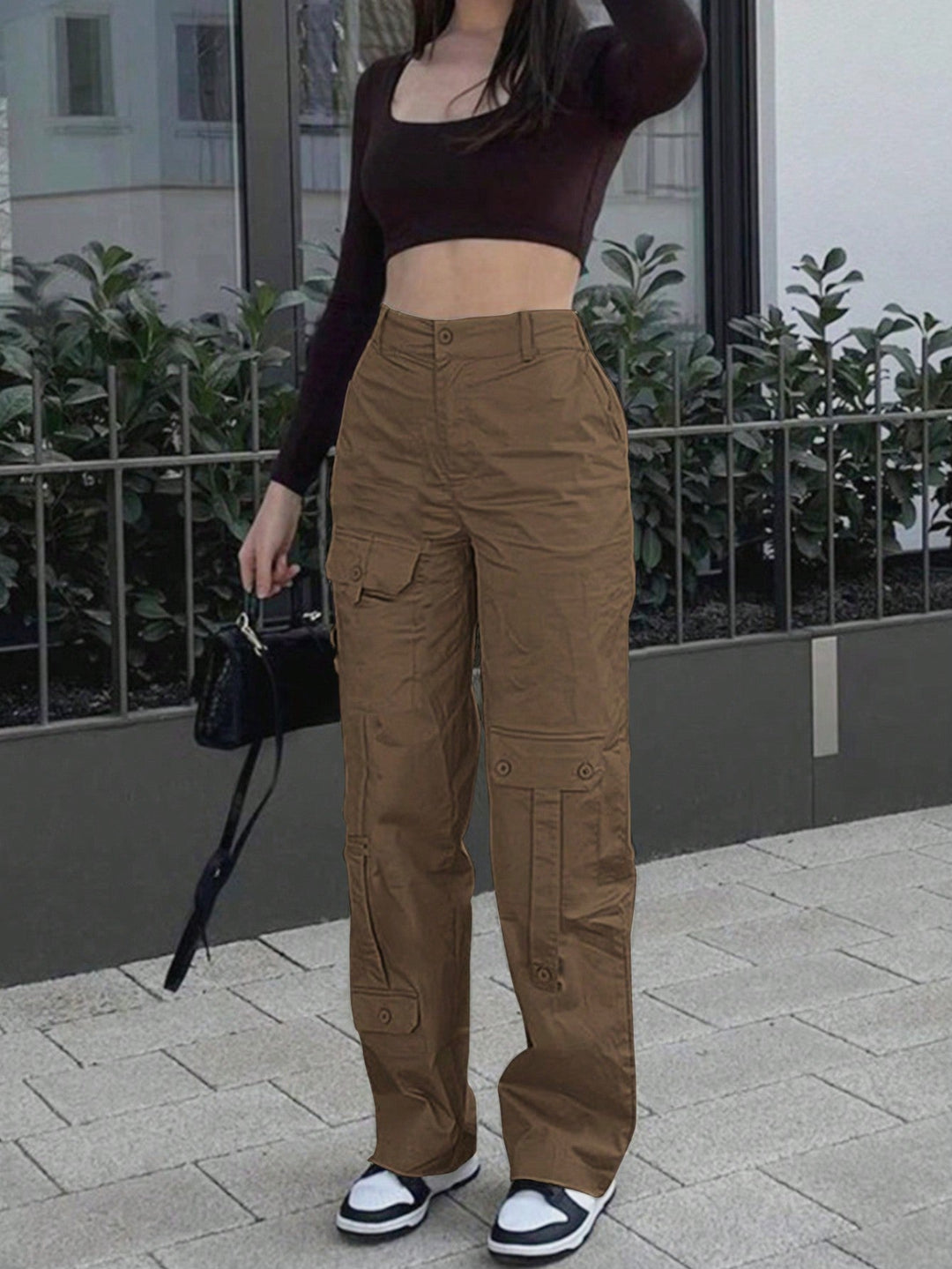 Women’s Cargo Pocket Pants – Casual Button Zipper Spring Fall