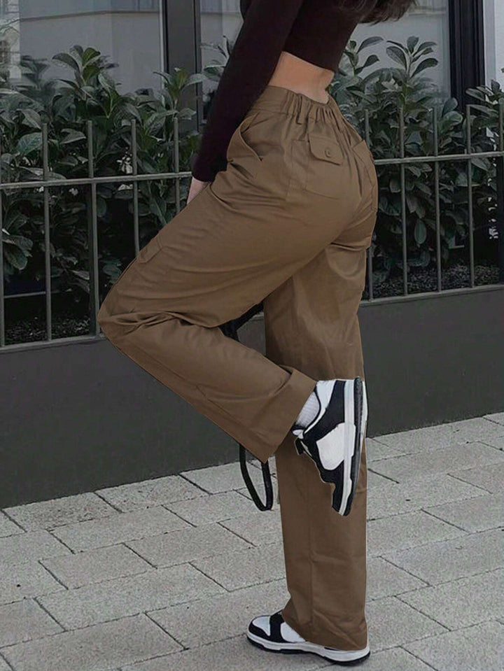 Women’s Cargo Pocket Pants – Casual Button Zipper Spring Fall