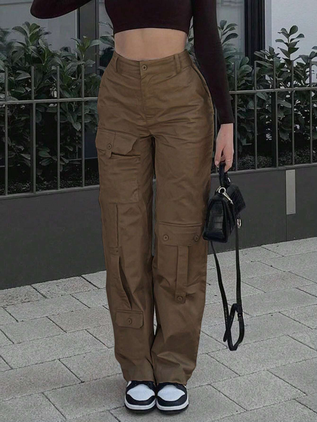 Women’s Cargo Pocket Pants – Casual Button Zipper Spring Fall