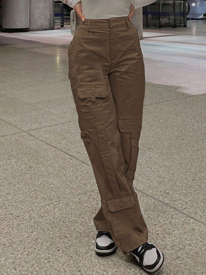 Women’s Cargo Pocket Pants – Casual Button Zipper Spring Fall