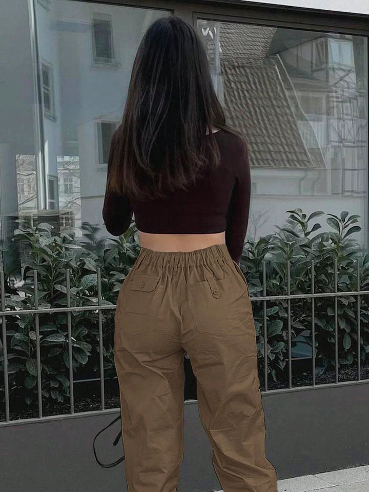 Women’s Cargo Pocket Pants – Casual Button Zipper Spring Fall