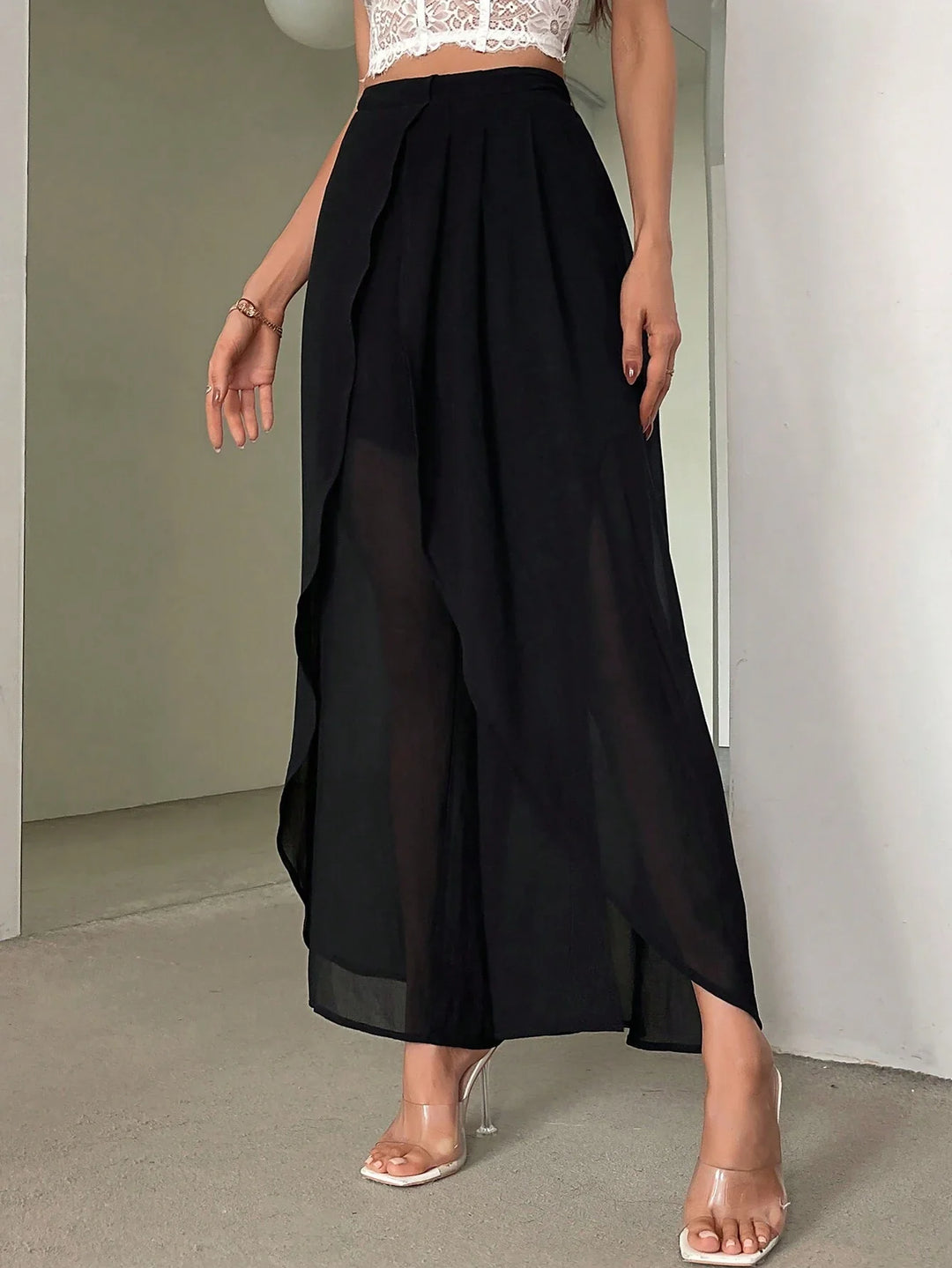 Women Commuting High Waisted Long Pants With Asymmetrical Hem