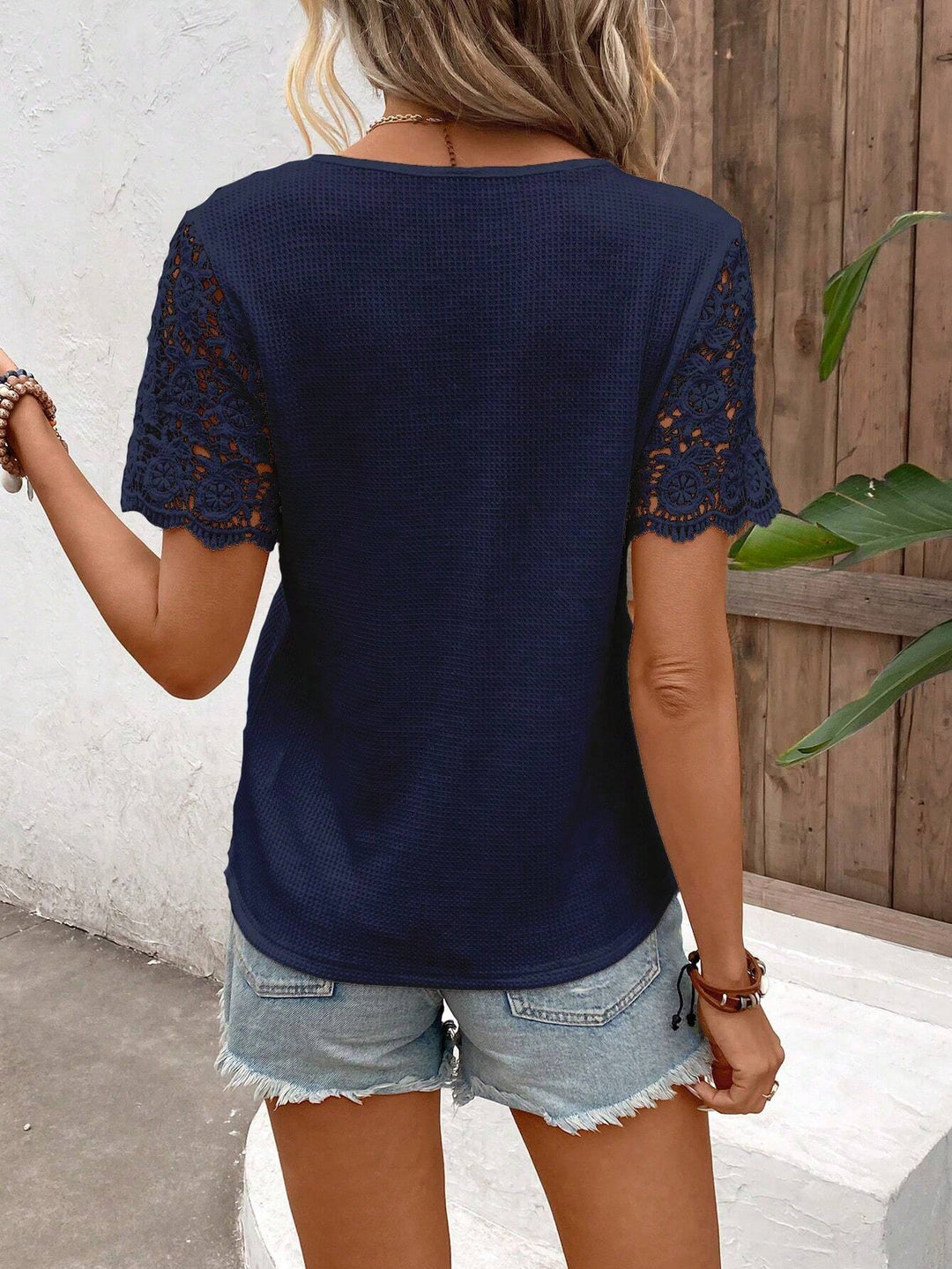 Womens Summer Solid Color Contrast Lace Trim V Neck Short Sleeve Elegant Top