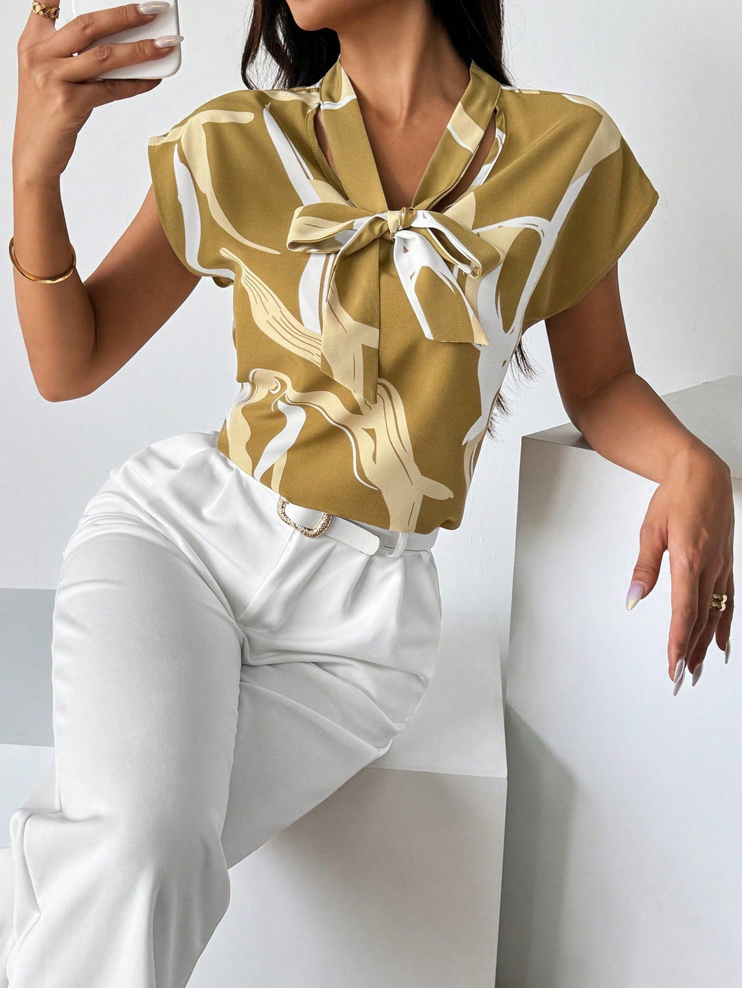 Womens Graphic Tie Neck Batwing Blouse
