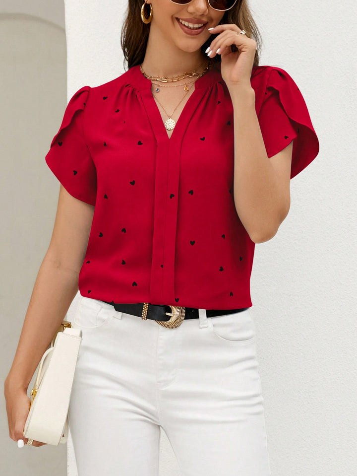 Women’s Classic Short Sleeve Embroidered Notched Neck Printed Casual Top