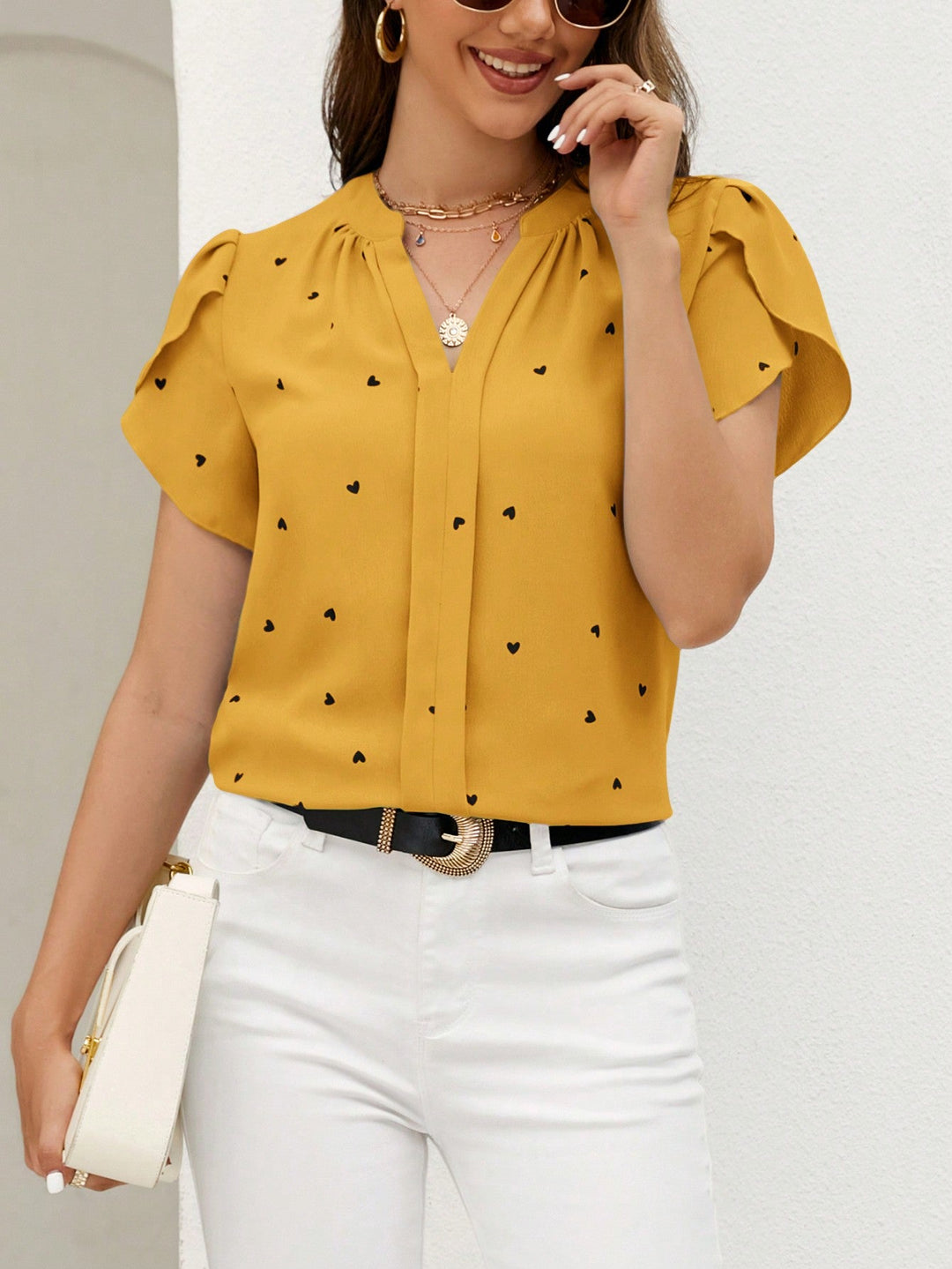 Women’s Classic Short Sleeve Embroidered Notched Neck Printed Casual Top
