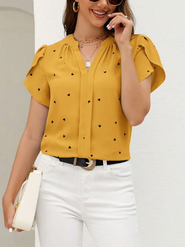 Women’s Classic Short Sleeve Embroidered Notched Neck Printed Casual Top