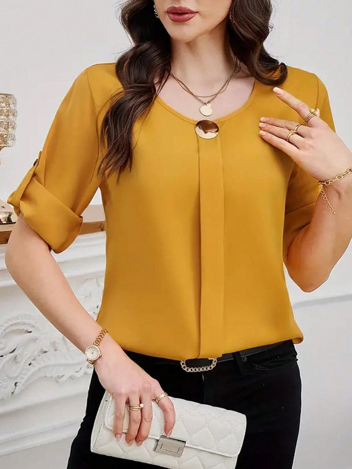 Womens Plain Round Neck Short Sleeve Button Front Casual Blouse