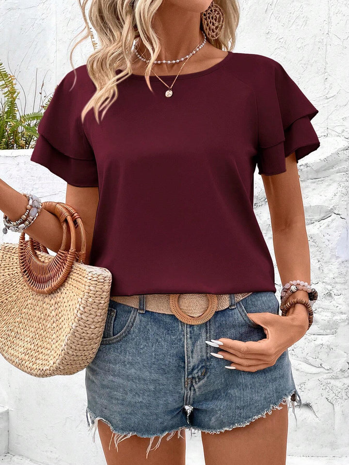 Womens Solid Raglan Sleeve Casual Blouse For Dailywear,Short Sleeve Tops