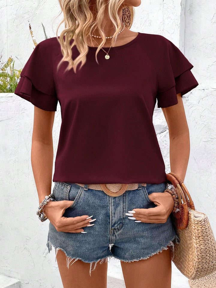 Womens Solid Raglan Sleeve Casual Blouse For Dailywear,Short Sleeve Tops