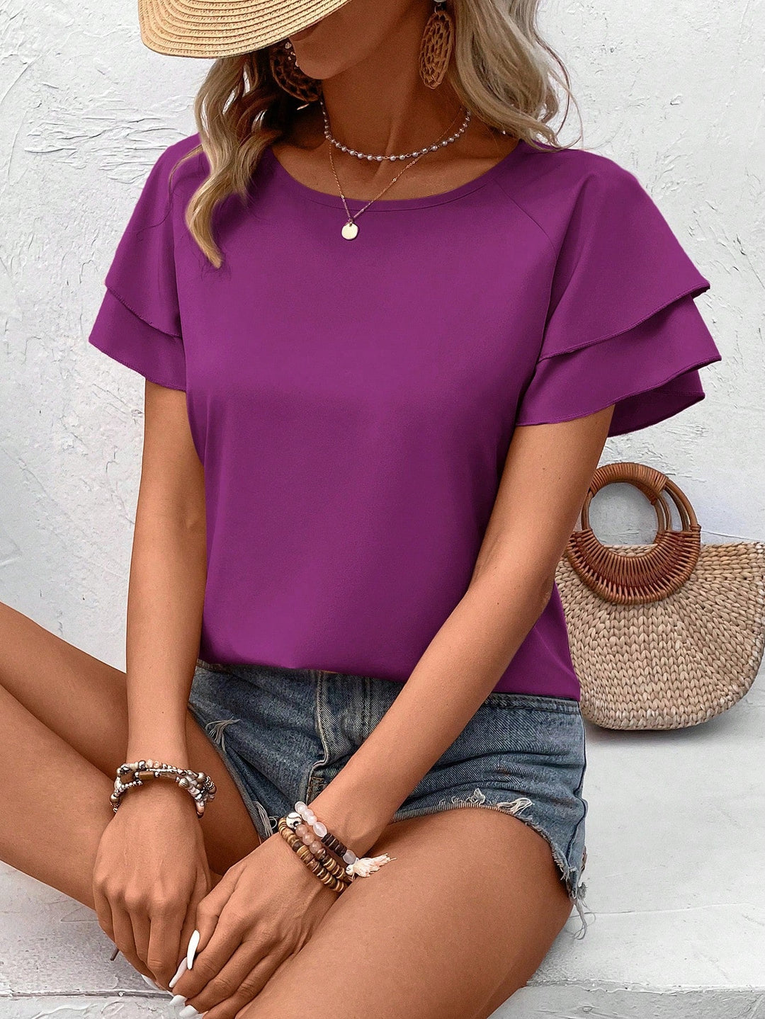 Womens Solid Raglan Sleeve Casual Blouse For Dailywear,Short Sleeve Tops