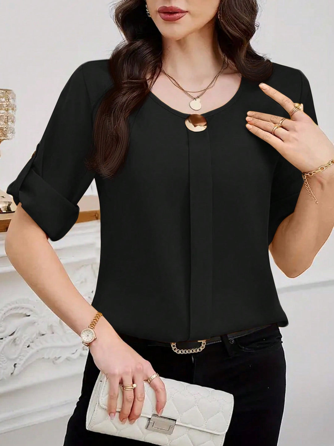Womens Plain Round Neck Short Sleeve Button Front Casual Blouse
