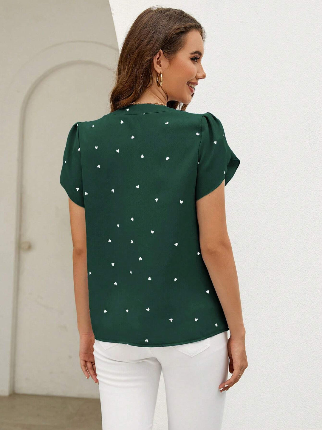 Womens Heart Print V Neck Petal Sleeve Blouse