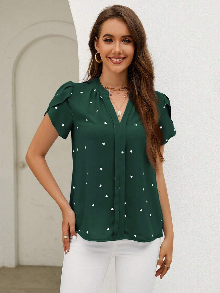 Womens Heart Print V Neck Petal Sleeve Blouse