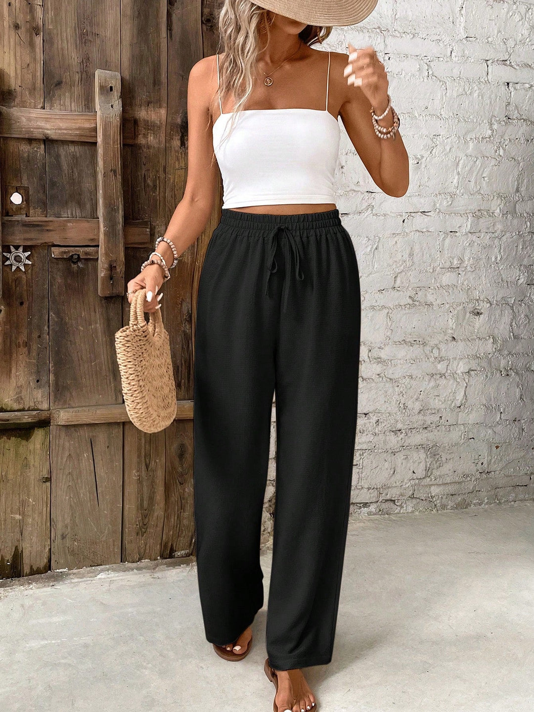 Women’s Belted Straight Leg Pants – Loose Fit Solid Casual