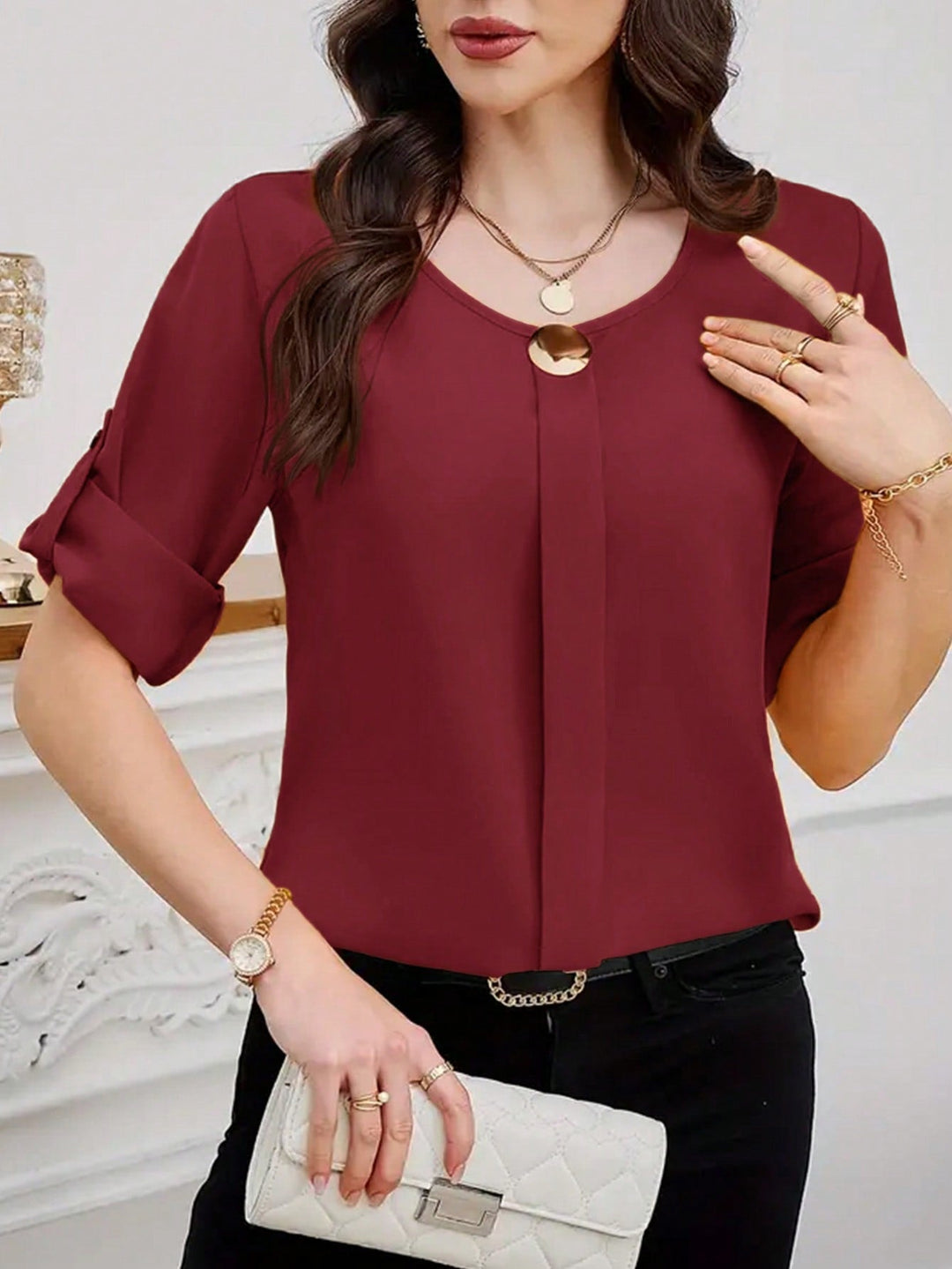 Womens Plain Round Neck Short Sleeve Button Front Casual Blouse