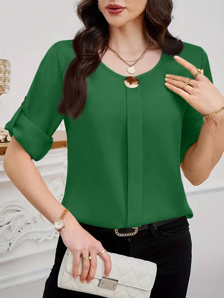 Womens Plain Round Neck Short Sleeve Button Front Casual Blouse