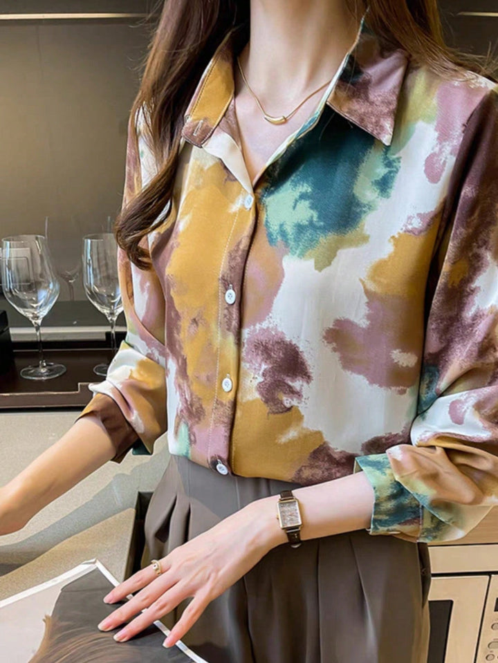 Women’s Casual Feather Print Elegant Long Sleeve Blouse – Ladies Top