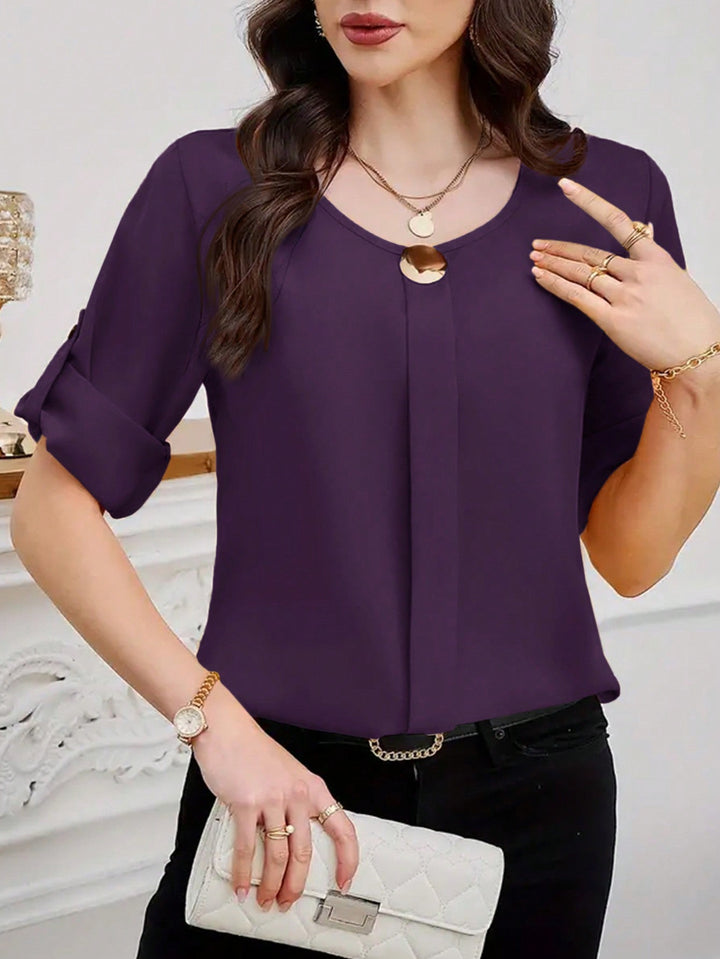 Womens Plain Round Neck Short Sleeve Button Front Casual Blouse