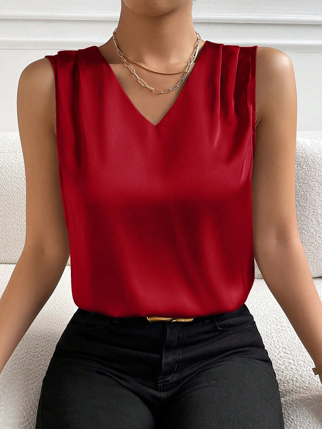 Women’s Solid Color V-Neck Sleeveless Blouse – Elegant Office Summer Top