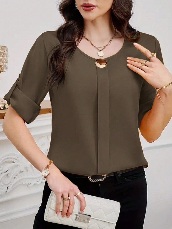 Womens Plain Round Neck Short Sleeve Button Front Casual Blouse