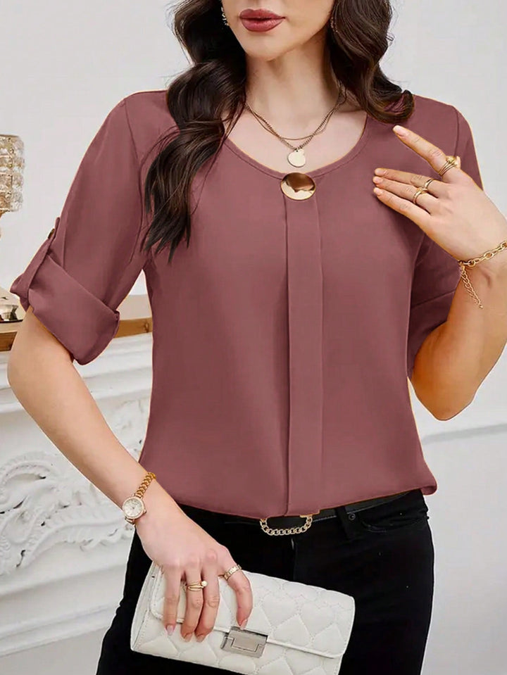 Womens Plain Round Neck Short Sleeve Button Front Casual Blouse
