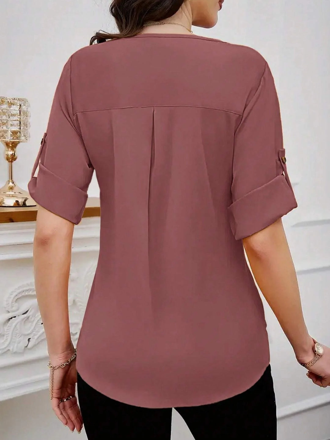 Womens Plain Round Neck Short Sleeve Button Front Casual Blouse