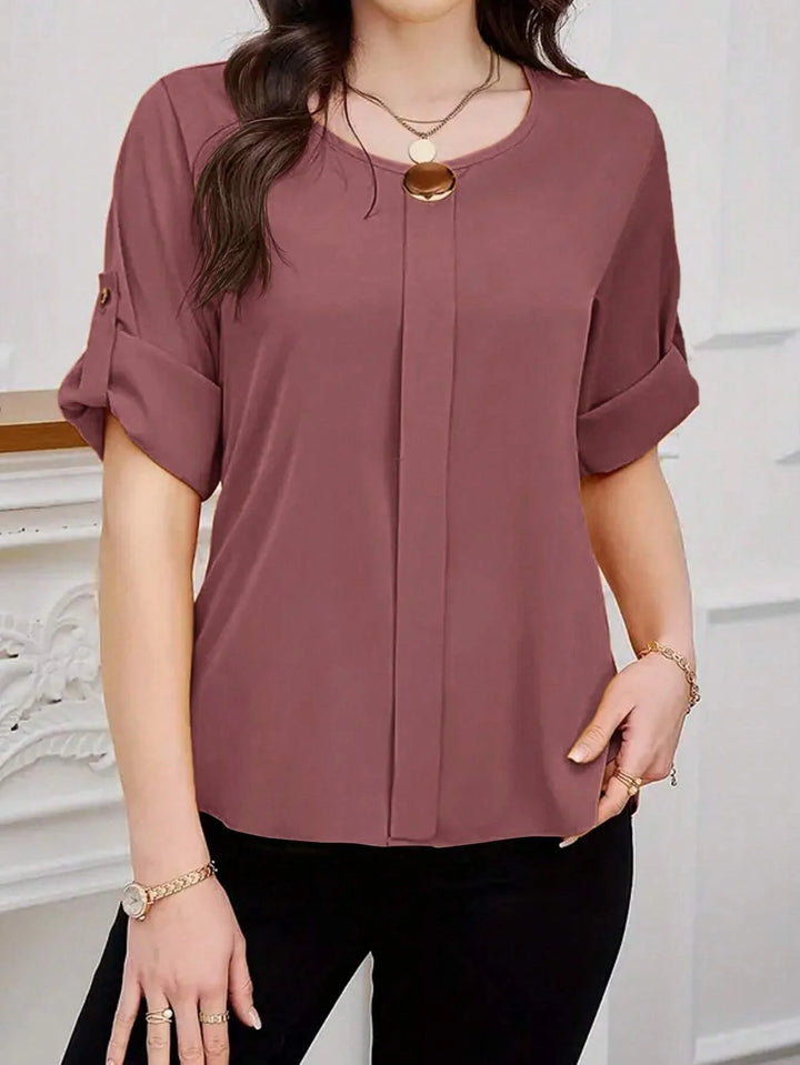 Womens Plain Round Neck Short Sleeve Button Front Casual Blouse