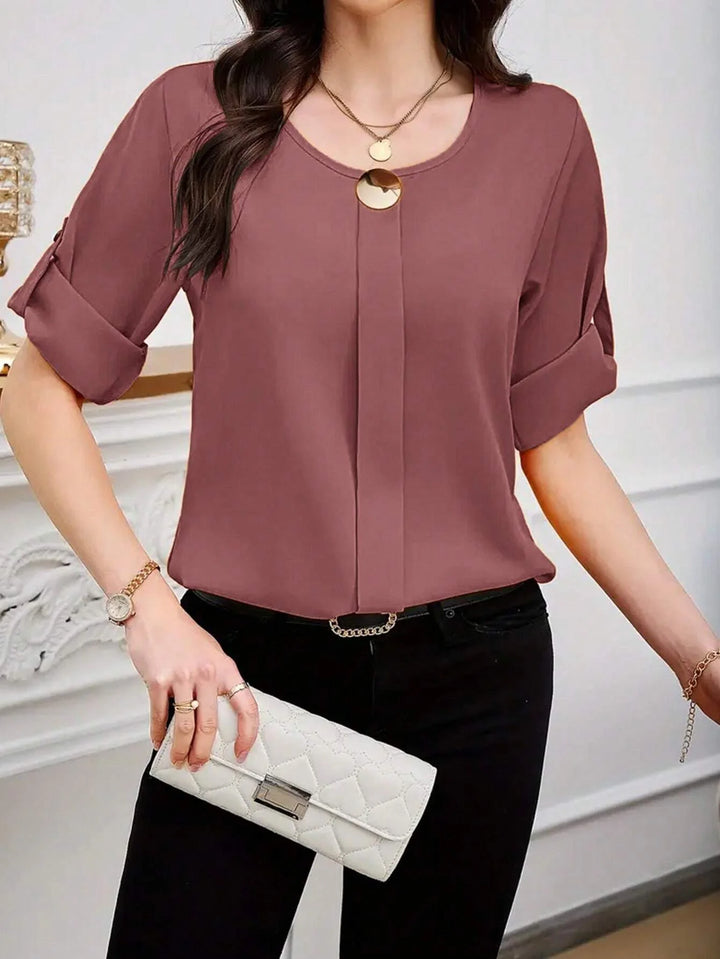 Womens Plain Round Neck Short Sleeve Button Front Casual Blouse