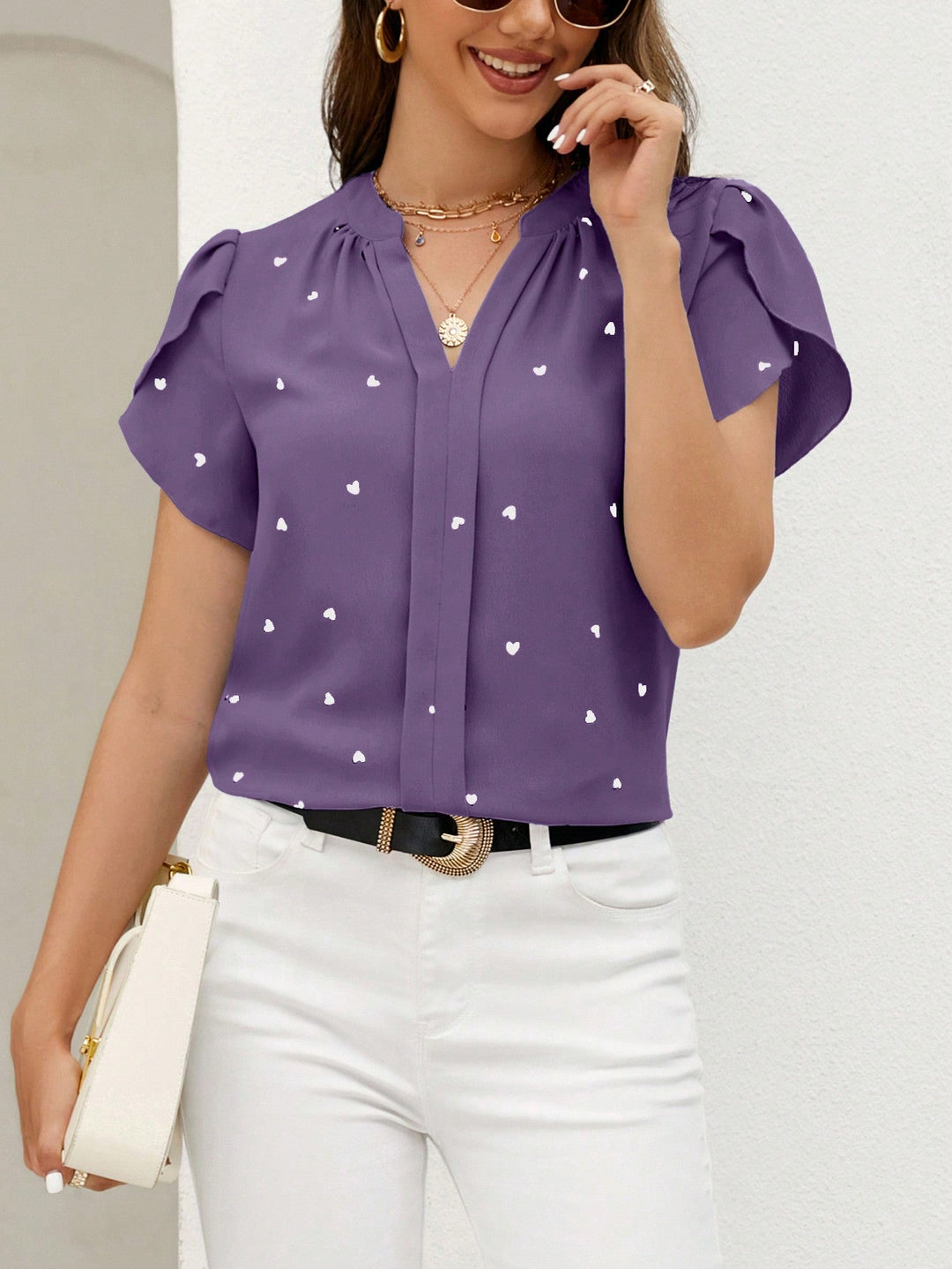 Women’s Classic Short Sleeve Embroidered Notched Neck Printed Casual Top
