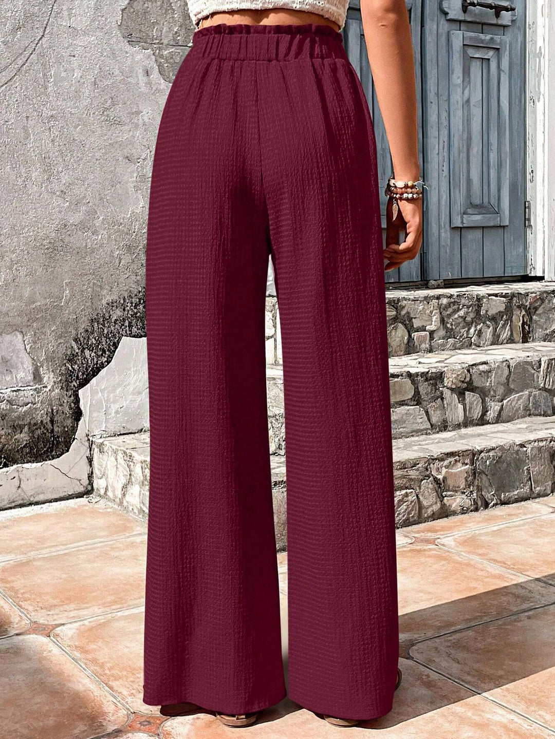 Women’s Solid Color Wide Leg Loose Pants Frill Waist Tie Vacation Wear