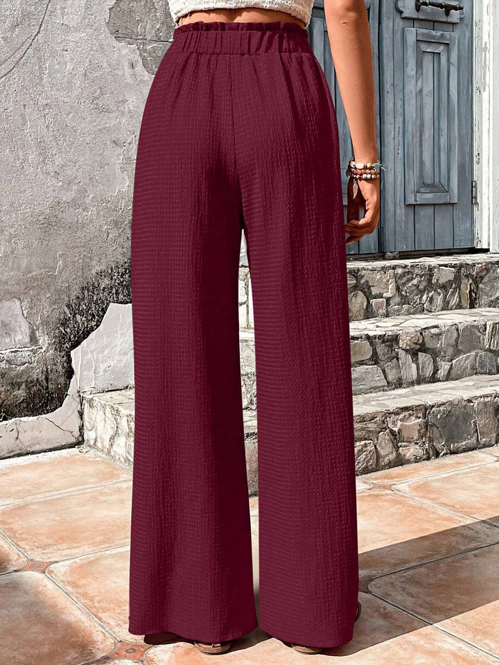 Women’s Solid Color Wide Leg Loose Pants Frill Waist Tie Vacation Wear