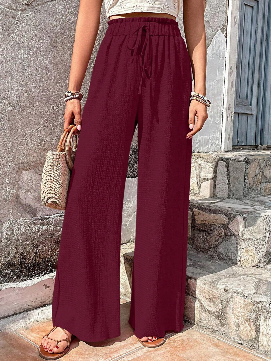 Women’s Solid Color Wide Leg Loose Pants Frill Waist Tie Vacation Wear